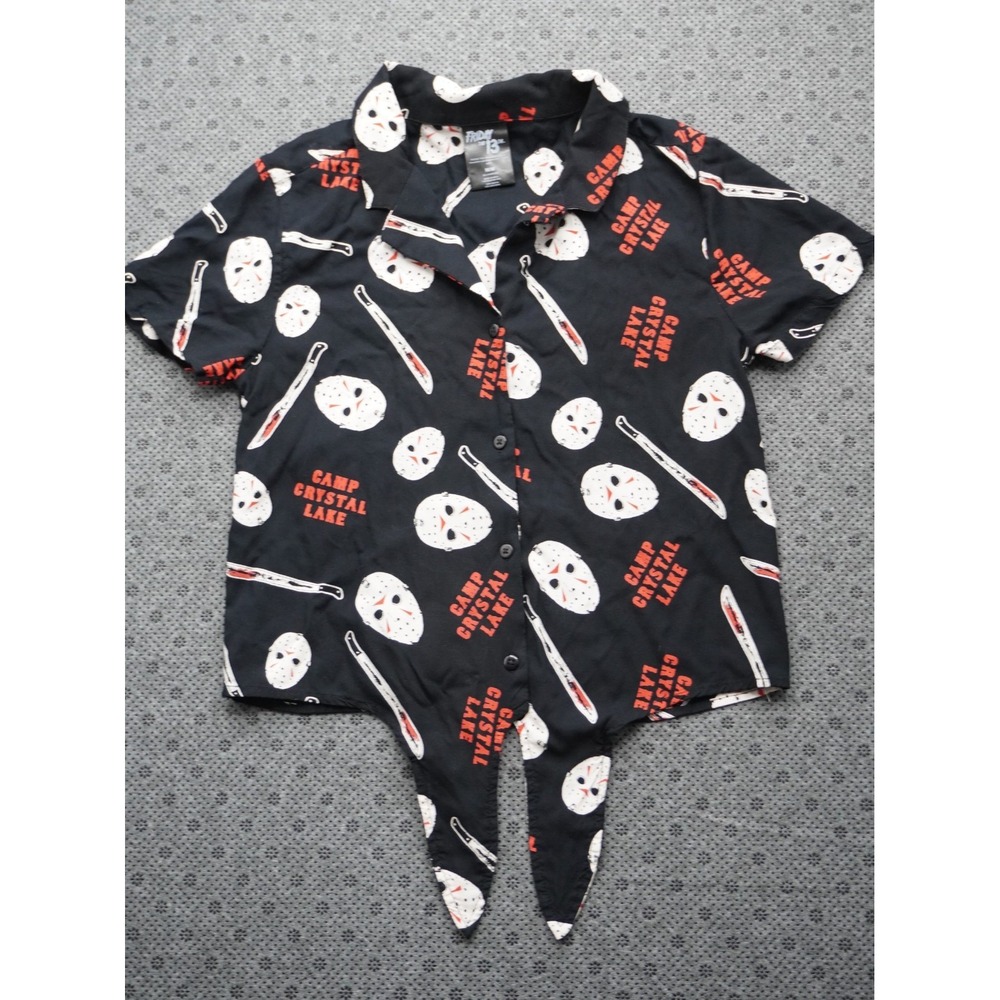 Friday the 13th Camp Crystal Lake Button Up Crop Top Tie Shirt Women's Size M - Picture 1 of 7